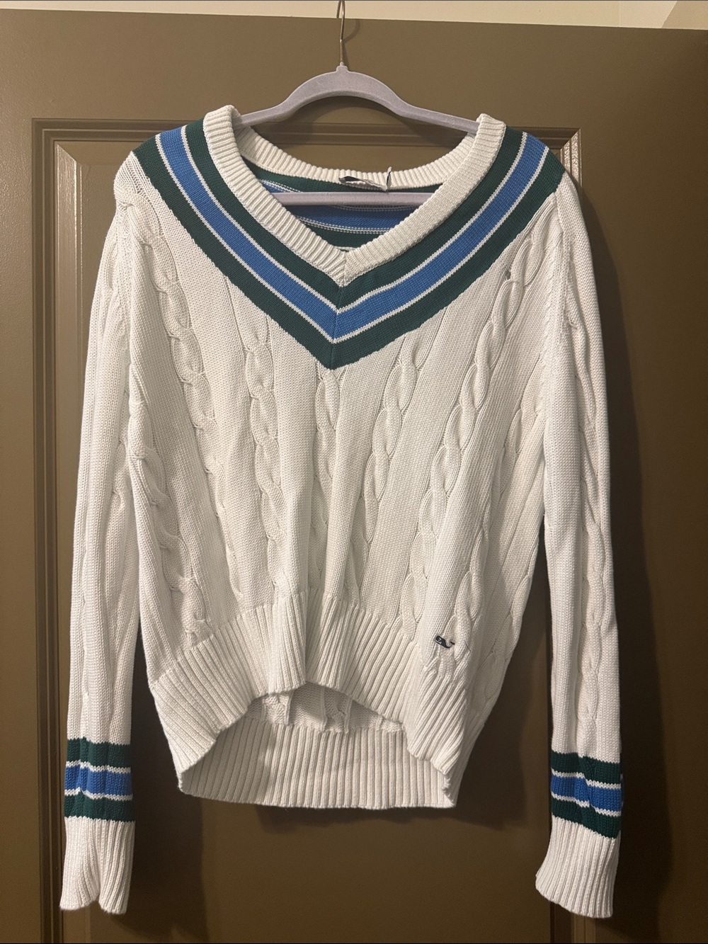 Vineyard Vines White Cable-Knit V-Neck Sweater with Green & Blue Stripe Trim
